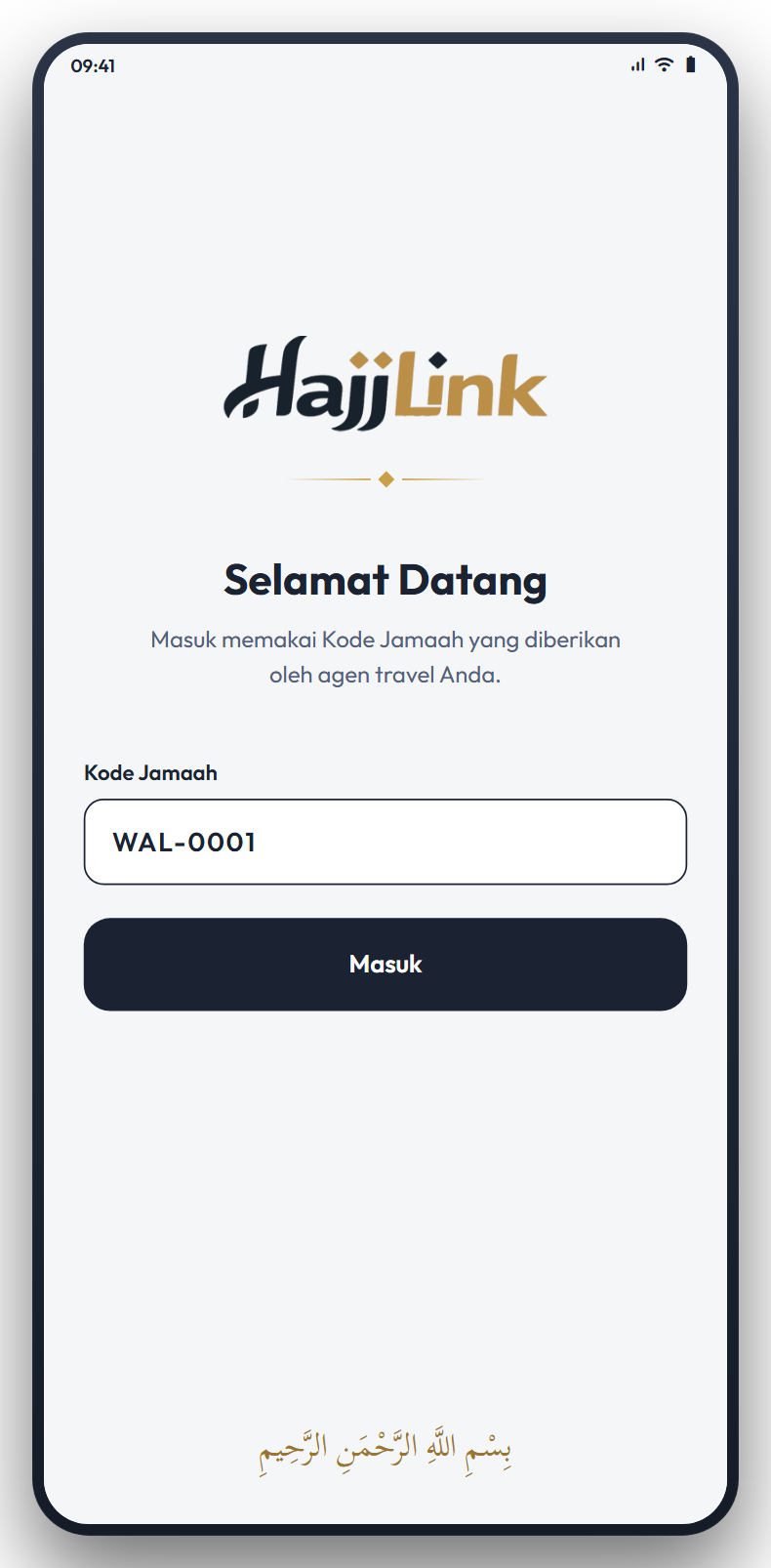 Layar masuk HajjLink dengan kolom Kode Jamaah