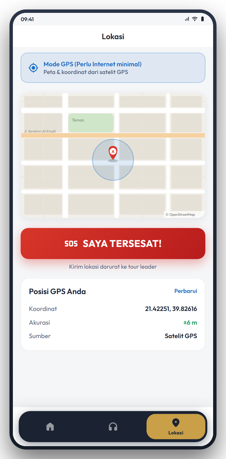 Layar anti tersesat dengan tombol darurat