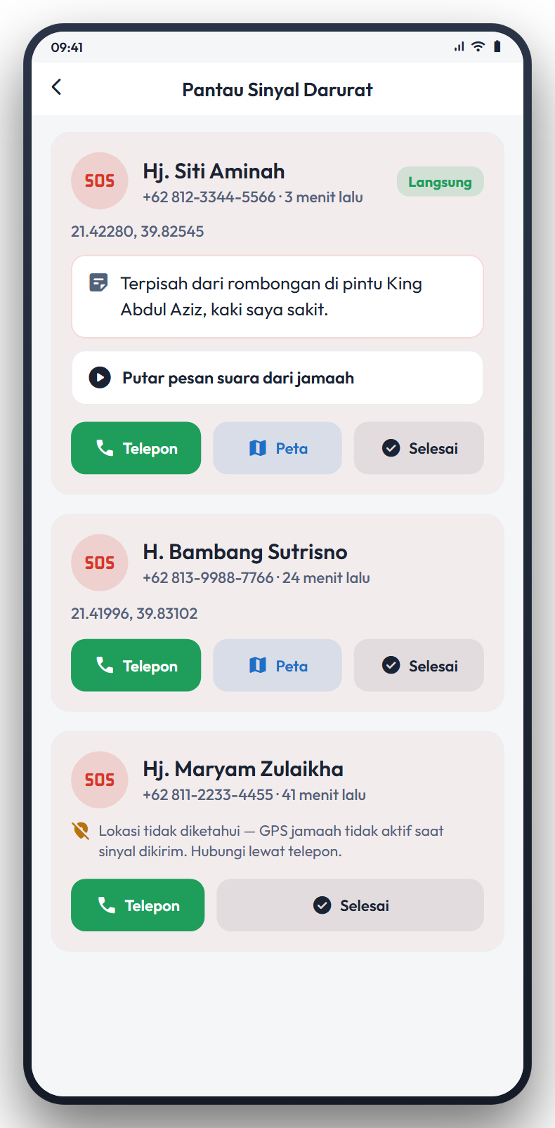 Layar pantau sinyal darurat untuk tour leader