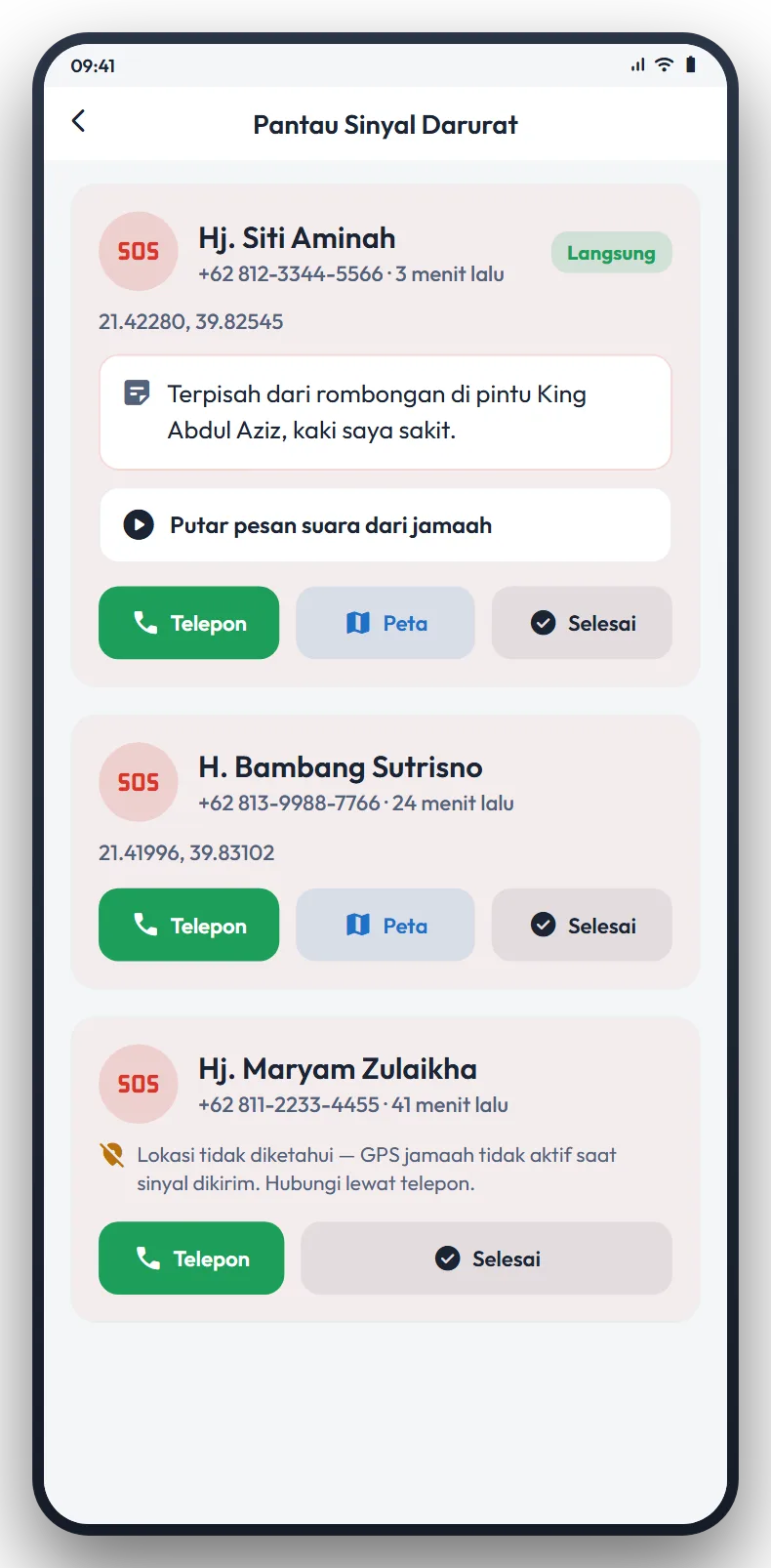 Layar pantau sinyal darurat untuk tour leader