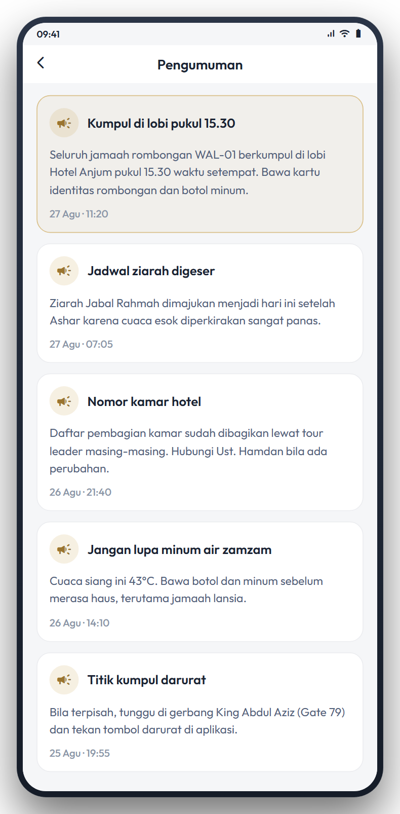 Layar pengumuman rombongan