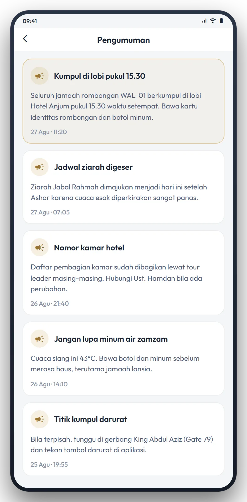 Layar pengumuman rombongan